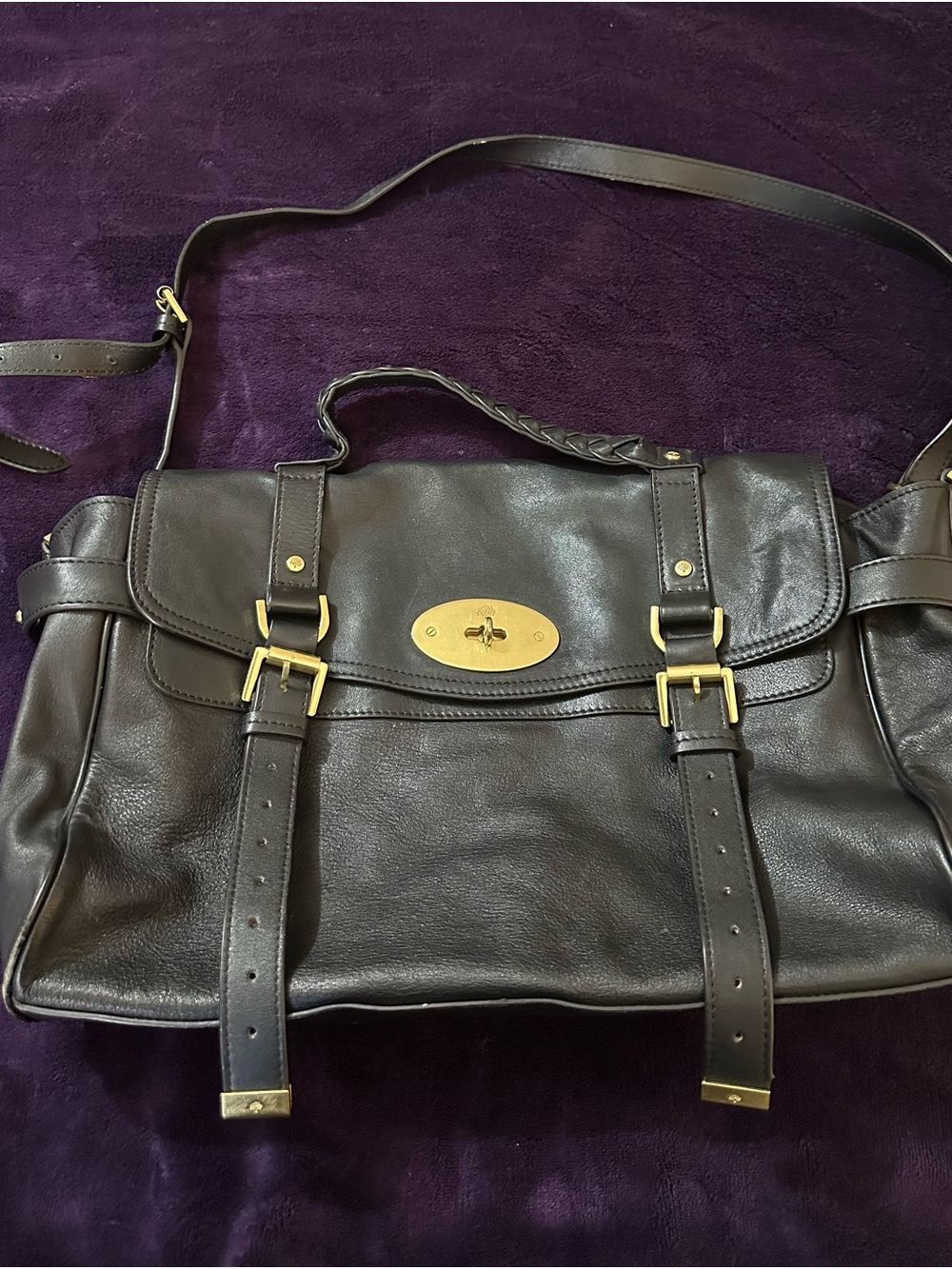 Mulberry Black Leather Messenger Bag with Gold Hardware